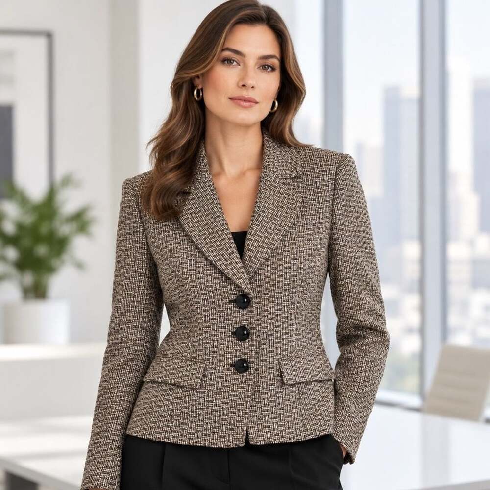 Kasper Blazer Size 10P Brown Tweed Shawl Collar